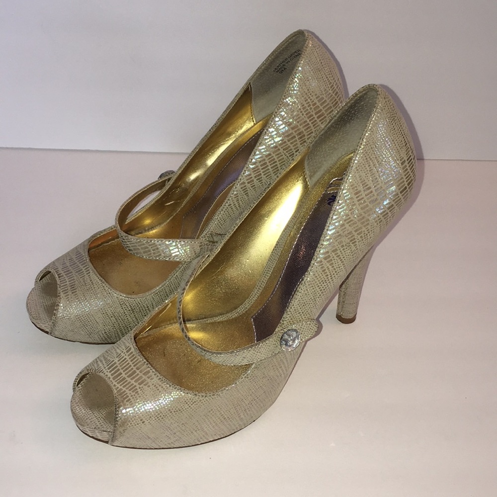 Hale Bob metallic peep toe heels.
